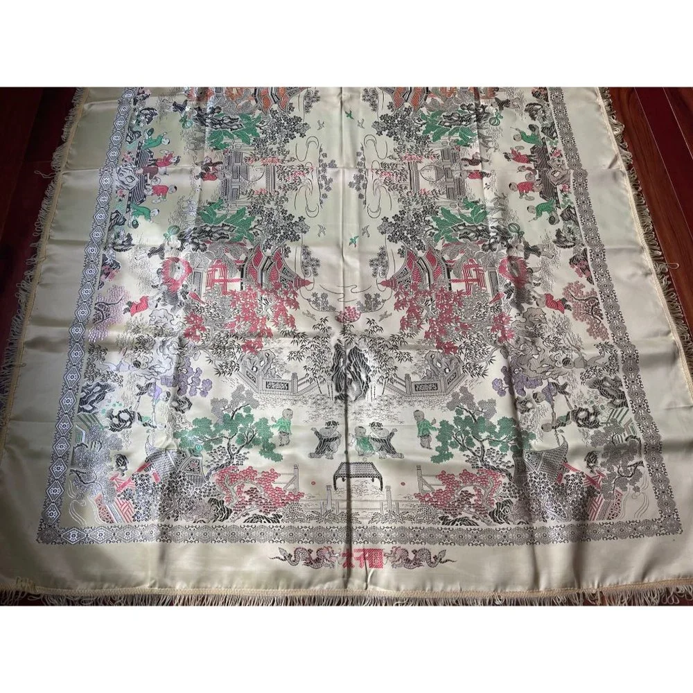 Vintage Cantonese Brocade Silk Tablecloth Asian Scenes People Trees